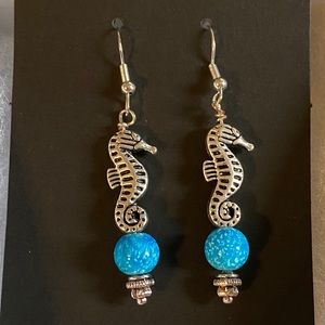 3/$25 Beachy Sea Horse Blue Bead Dangle Earrings